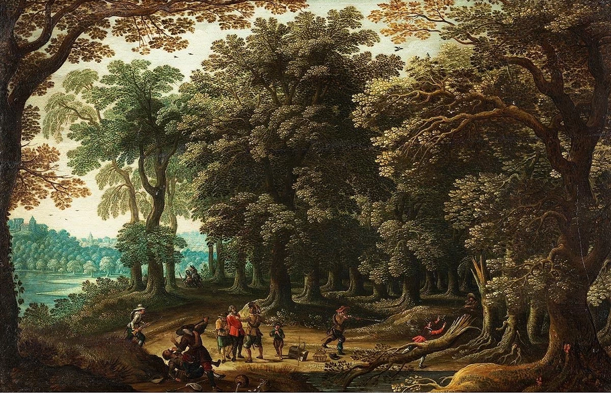 Paesaggio forestale con albero nodoso
